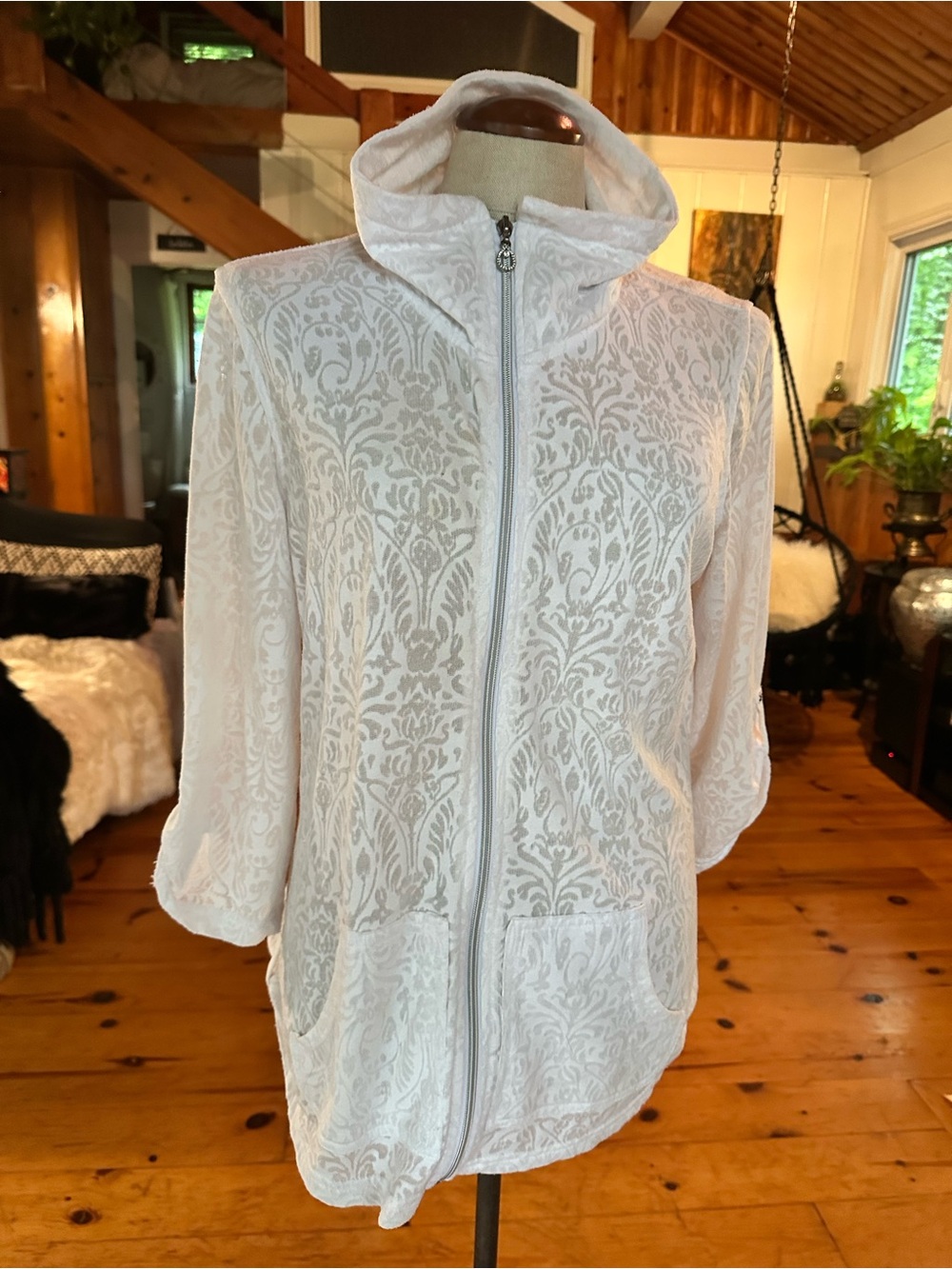 Coral Bay White Textured Zip Hoodie Swim Cover-Up